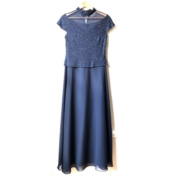 JKARA Beaded Navy Gown Maxi Dress - 6P - Picture 1 of 13